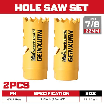 7/8 Inch(22mm) Hole Saw, 2PCS HSS Bi-Metal Hole Saw Kit with Shark Tooth Hole Cutter for Wood,Drywall, PVC Boards and Thin Metal (2 PCS 7/8")