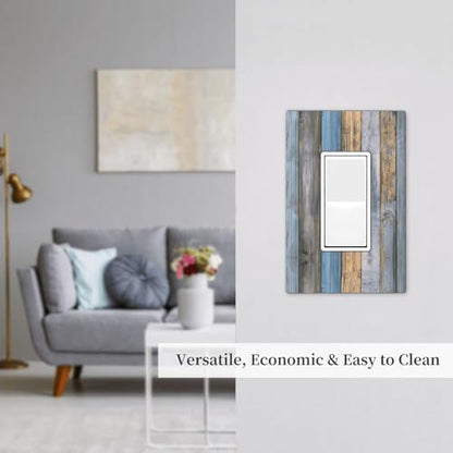 Rustic Grey Teal Wood Light Switch Cover Decorative Gray Blue Wooden Duplex Outlet Covers Wall Plate Switch Plate Covers Electrical Outlets Faceplate for Kitchen Bathroom Bedroom 5" x 3"