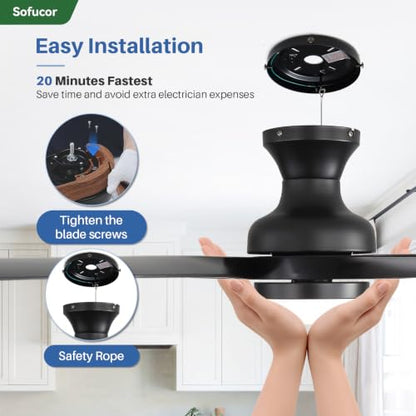 52 Inch Smart Ceiling Fans with Lights and Remote (Black / 52inch Max)