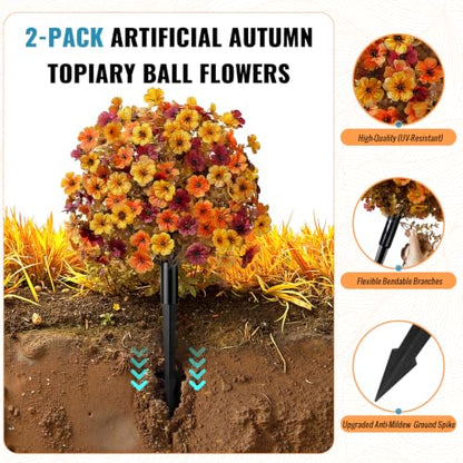 4Pcs Artificial Fall Ball Flowers for Outdoors (Orange Yellow Brown)