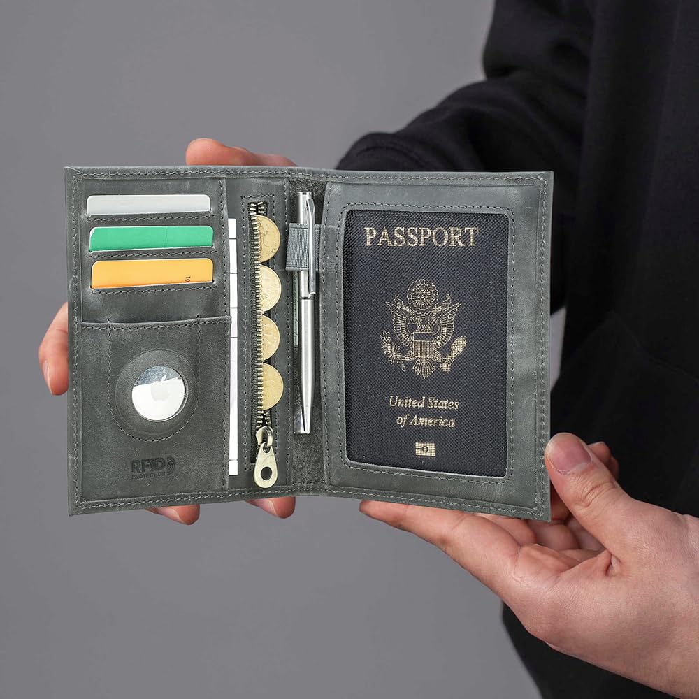 CONTACTS Full Grain Leather Rfid Passport Wallet for Airtag Passport Holder (Gray / Plain- Classic)