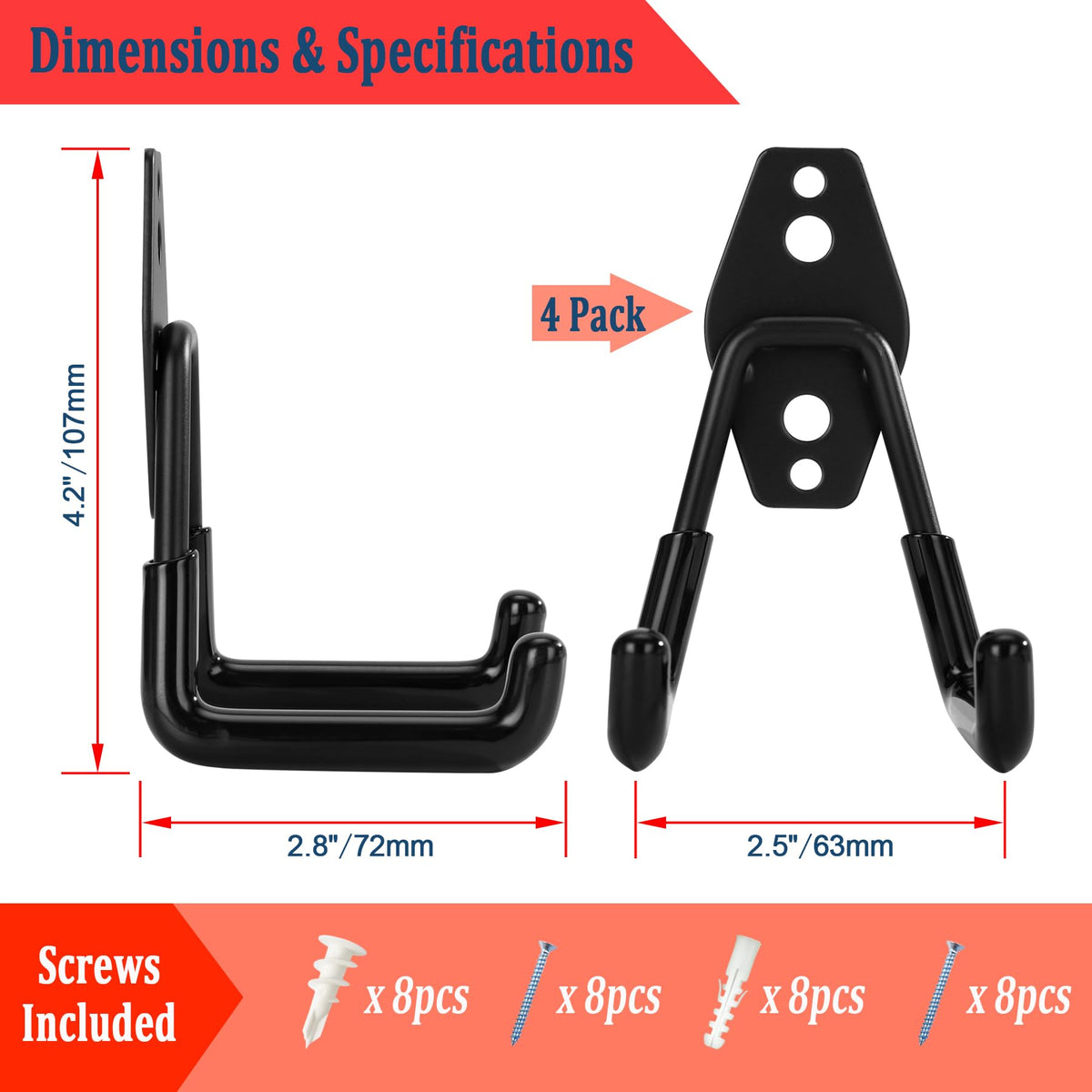 4 Pack Garage Hooks Heavy Duty (2.8 inch)