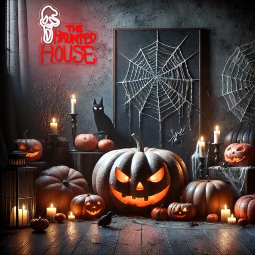 Haunted House Halloween Neon Sign for Wall Decor Halloween Neon Light Ghostface LED Sign Red Letter Neon Wall Sign Dimmable Goth LED Light for Party Game Room Bar Halloween Decor (Haunted House)