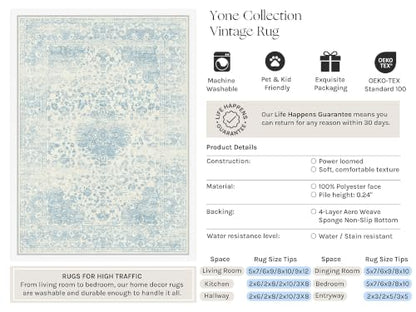 Blue 8x10 Area Rug Washable Vintage Rug Carpet (Y|blue / 2' x 3' (Rectangular))