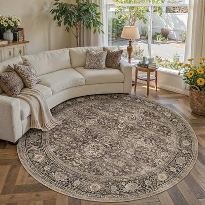 Brown Washable 6x6 Round Area Rugs for Living Room Bedroom (Retro | Brown / 6' (Round))