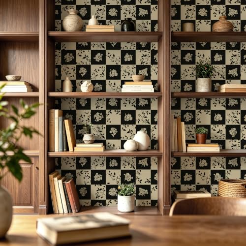 Plaid Peel and Stick Wallpaper Vintage Checkered Contact Paper Vinyl Removable Waterproof Floral and Leaf Plaid Wallpaper for Bedroom Bathroom Kitchen Cabinets
