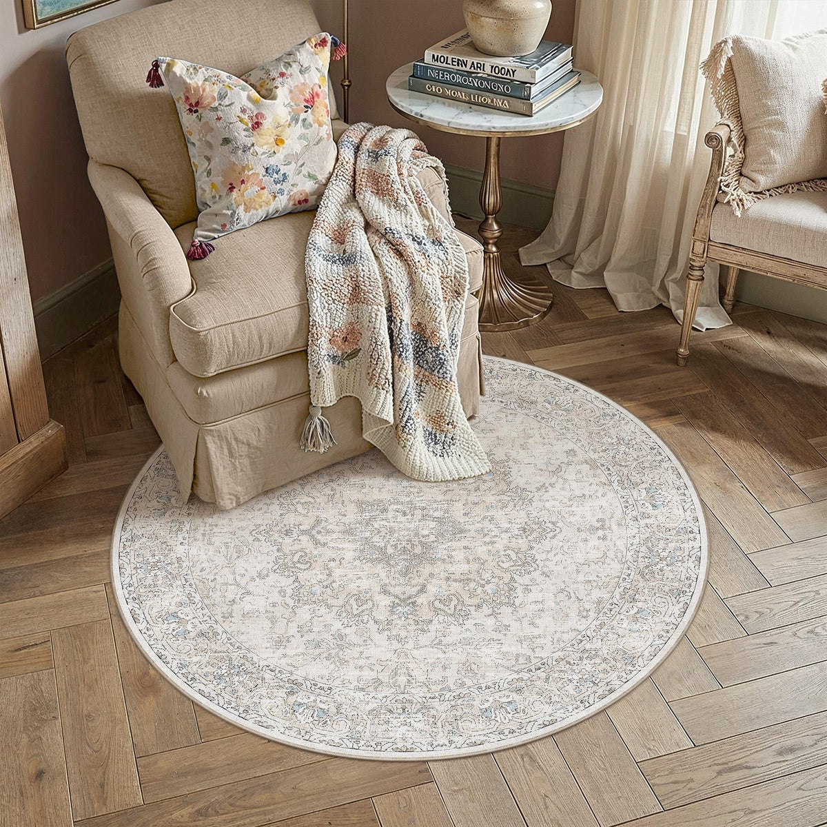 Beige Round Rugs 4x4 Washable Rug Indoor Carpet (Multi Beige / 4' (Round))