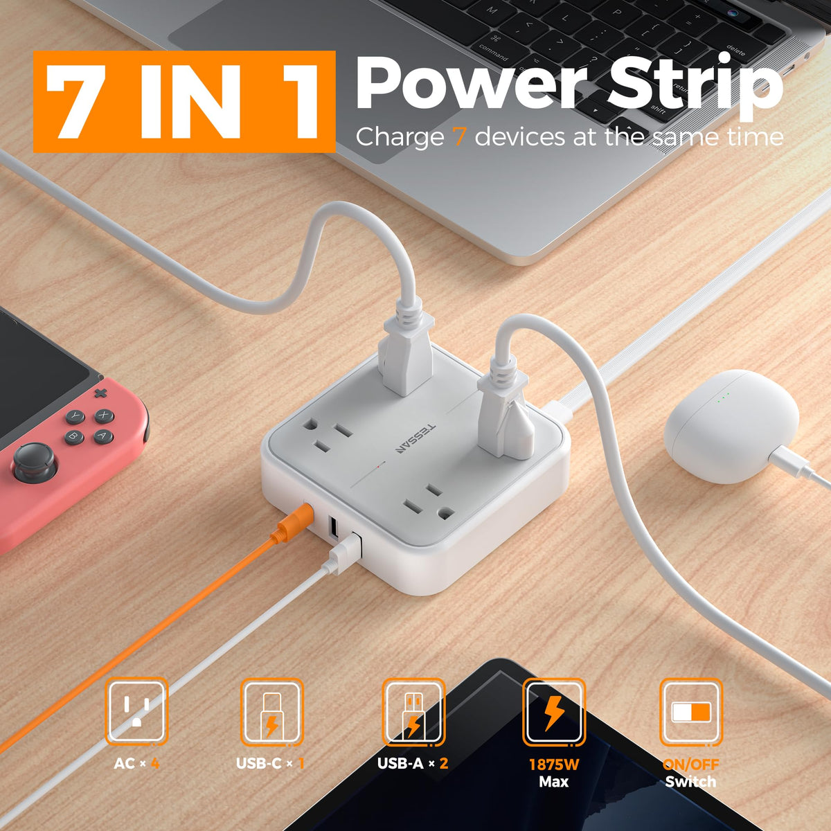 Extension Cord 5 Ft (5FT(1875W) / Grey & Surge Protector)