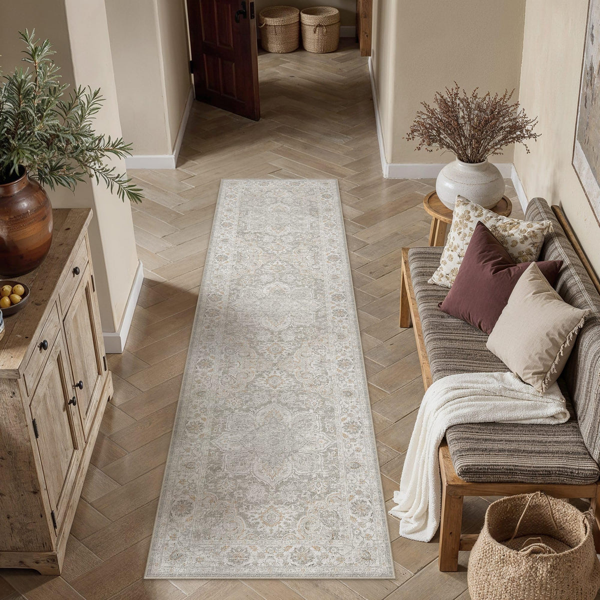 Grey Beige 2x8 Runner Rug Washable Vintage Indoor Carpet (E| Grey Beige / 2' x 8' (Runner))