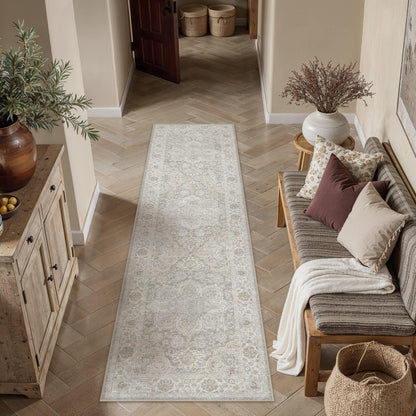 Grey Beige 2x8 Runner Rug Washable Vintage Indoor Carpet (E| Grey Beige / 2' x 8' (Runner))