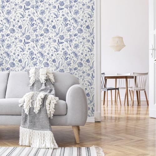 White and Blue Floral Peel and Stick Wallpaper Vintage 17in x 118in (Blue / 16.9" x 118.1")