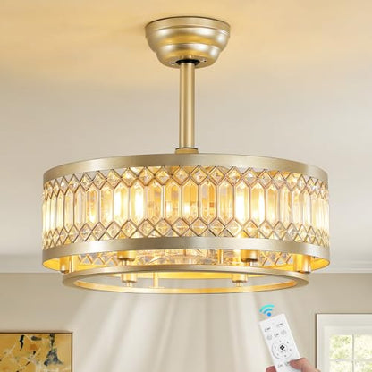 Caged Ceiling Fan with Lights and Remote 20 Inch Gold Crystal Fandelier Ceiling Fan Modern Farmhouse Chandelier Fan Light
