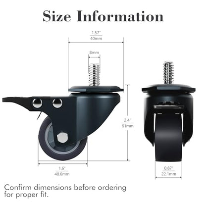 1.6 Inch M8 1.25 Threaded Stem Caster Wheels