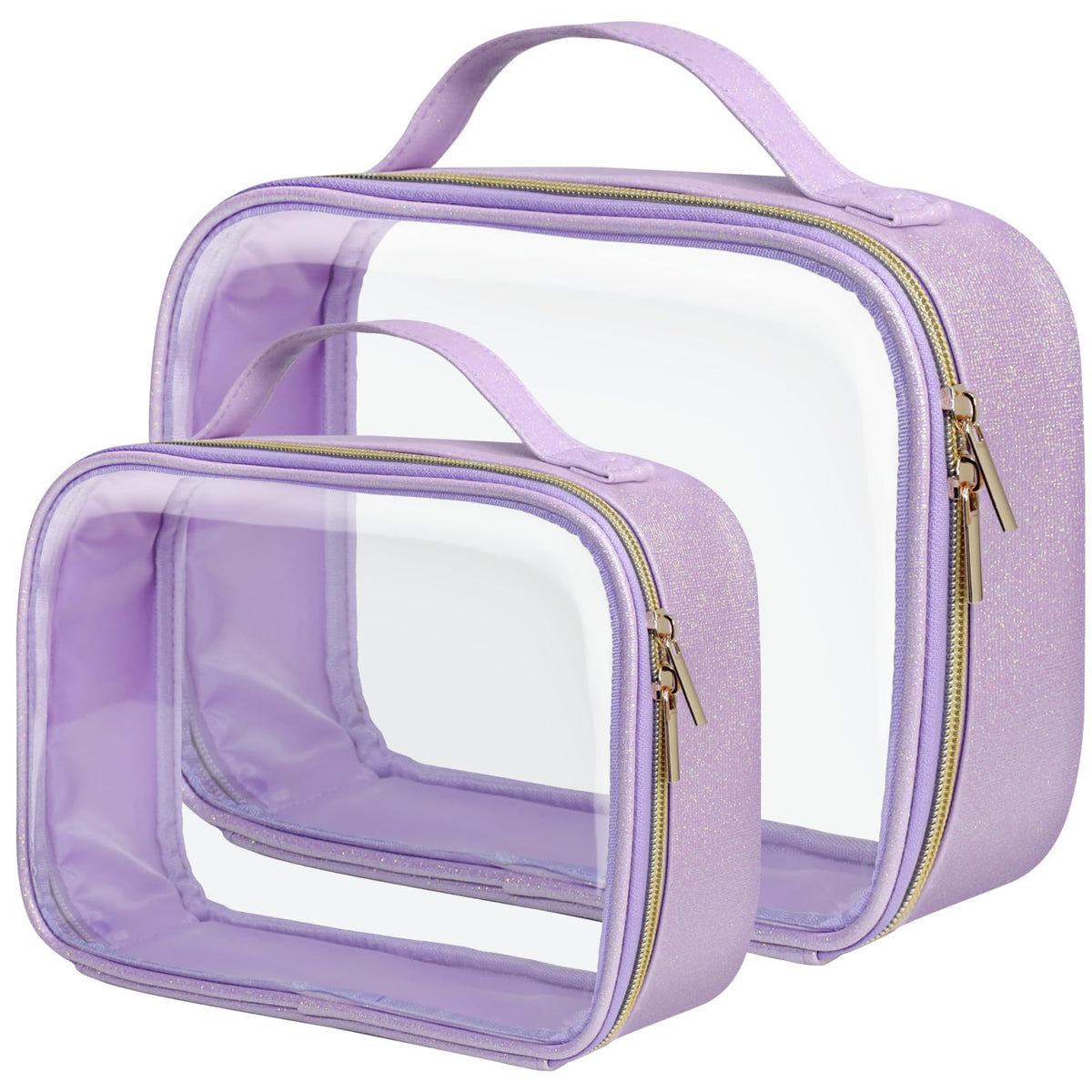 Clear Makeup Bag Travel (2 Pack Glitter Textured Purple / Hybrid Traveler (1 Large & 1 Medium - Soft))