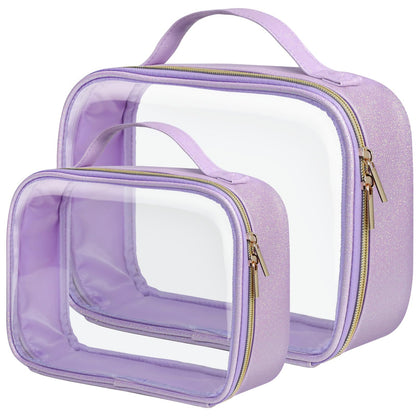 Clear Makeup Bag Travel (2 Pack Glitter Textured Purple / Hybrid Traveler (1 Large & 1 Medium - Soft))