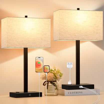 21" Set of 2 Touch Control Table Lamps with 2 USB & AC Outlets