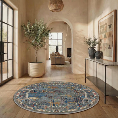 6ft Round Rug Circular Animal Print Area Rug Low Pile Indoor Rug (Dusty Blue/Multi / 6' (Round))