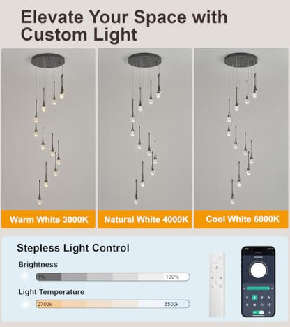 Crystal Chandelier for High Ceiling Foyer Entryway Living Room Staircase Adjustable Height LED Dimmable 2700
