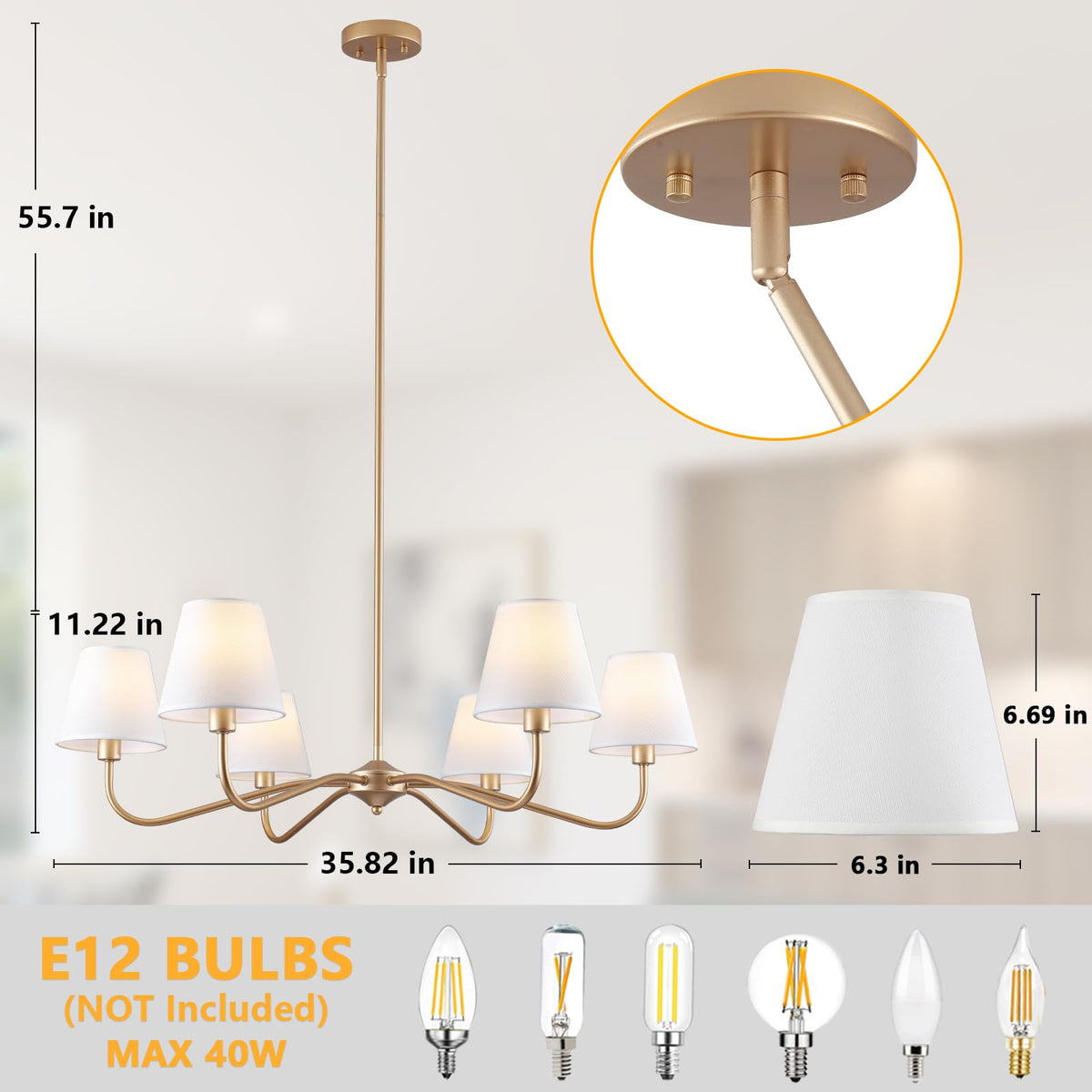 6 Light Gold Chandelier for Dining Room Light Fixture (Gold)