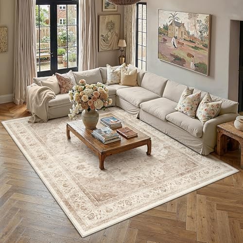 10x14 Beige Washable Area Rug Non Slip Vintage Carpet (Vintage | Beige / 10' x 14' (Rectangular))