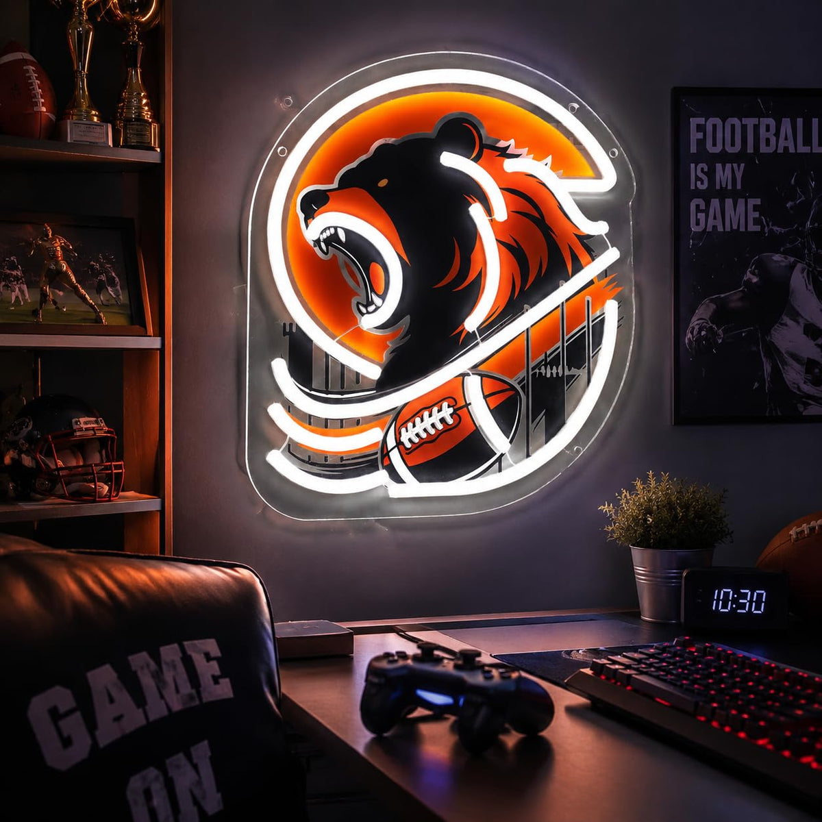 Football Bear Neon Sign Orange Bear Light for Man Cave Wall Decor (Orange,HuKou)