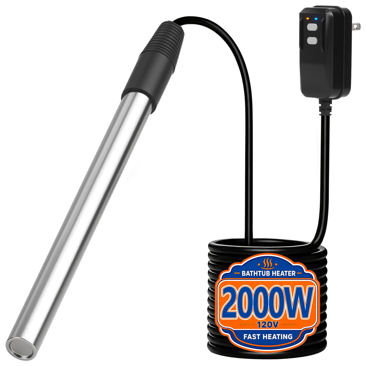 2000W 120V Portable Immersion Water Heater with GFCI for Hot Tubs & Spa (Dark)