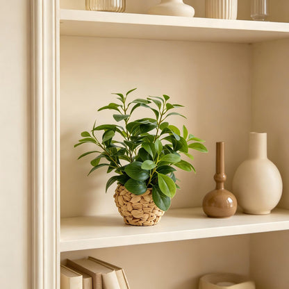 Fake Faux Potted Plant 15.7" Ficus Water Hyacinth Boho Decor (Green Ficus Plant 15.7" H)