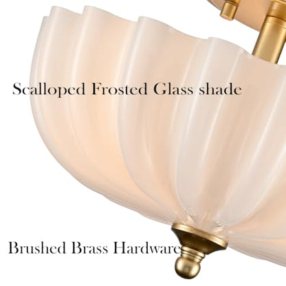 Modern Brass Semi Flush Mount Ceiling Light with Milky Glass Shade
