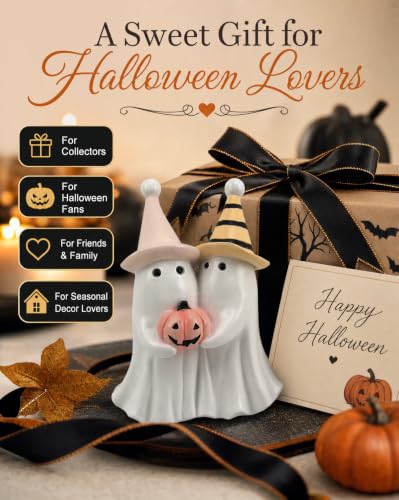 Spooky Cute Halloween Ghost Holding Pink Pumpkin Figurine (White Ghost Duo)
