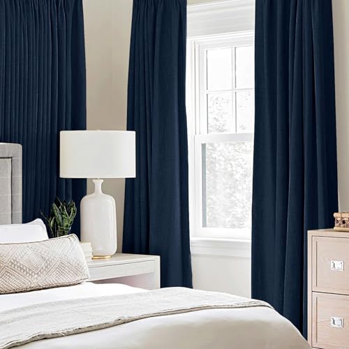 100% Blackout Linen Curtains for Bedroom 52x96 Inches Midnight Blue (Midnight Blue / 52"W x 96"L (Pack of 2))