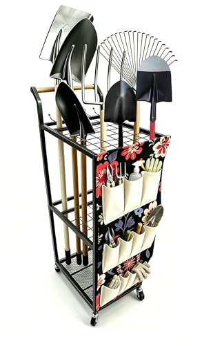 Garden Tool Organizer with Wheels 3 Tier Yard Tool Organizer Rack with Side Storage Pockets Sturdy Metal Steel Holder with 6 Hooks for Garage