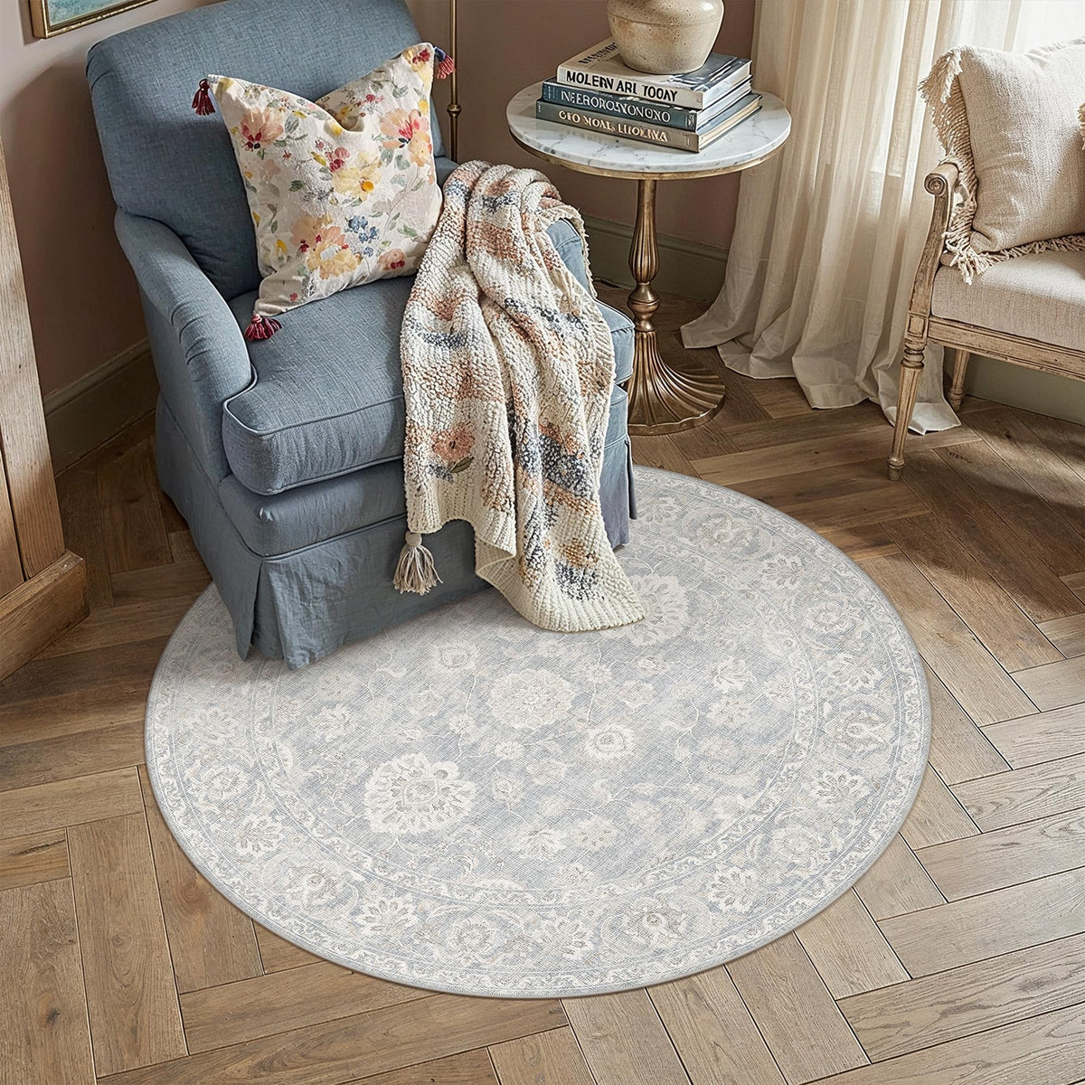 3x3 Blue Cream Neutral Round Rug (Blue / 3' (Round))