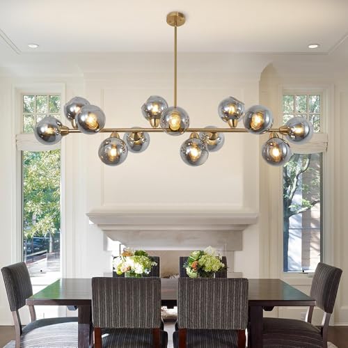Gold Linear Chandelier 59 Inch Extra Large Sputnik Pendant Light (13 Lights Smoke Gray and Gold)