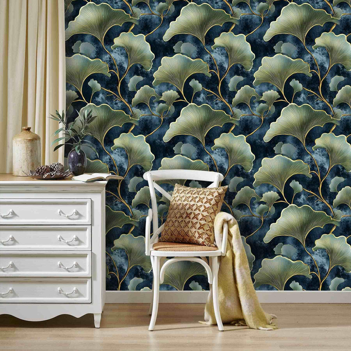 Dark Blue Ginkgo Leaf Peel and Stick Wallpaper (17.7" x 118")