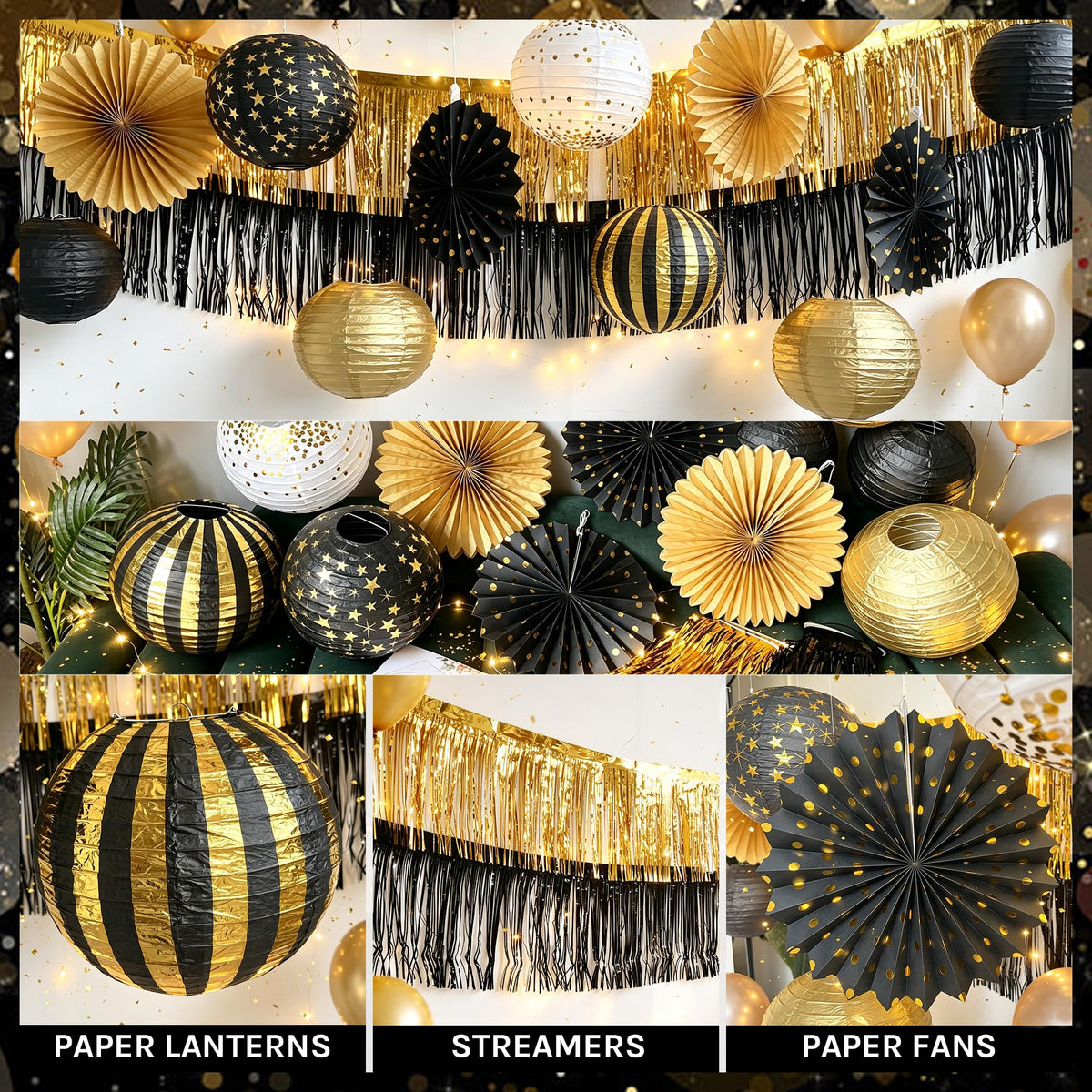 Black Gold Party Decorations Paper Fans Streamers Lanterns (Black and Gold)