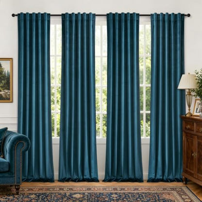 Peacock Blue Velvet Curtains 4 Panel Set Back Tab 40x90 Inch Long (Peacock Blue / 40"W x 90"L (Pack of 4))
