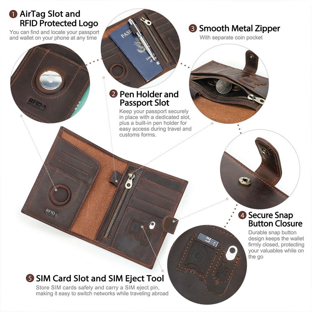 Full Grain Leather Passport Holder Compatible with Airtag Slot RFID Blocking Passport Wallet Travel Slim Passport Cover with SIM Card Removal Tool (Coffee / Plain- Snap)