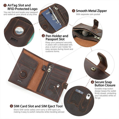 Full Grain Leather Passport Holder Compatible with Airtag Slot RFID Blocking Passport Wallet Travel Slim Passport Cover with SIM Card Removal Tool (Coffee / Plain- Snap)