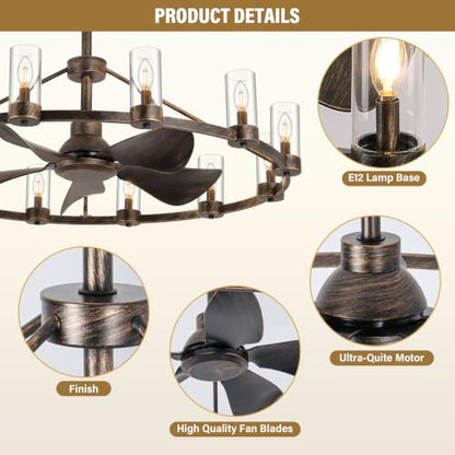 44" Wagon Wheel Chandelier Ceiling Fan with 12 Lights