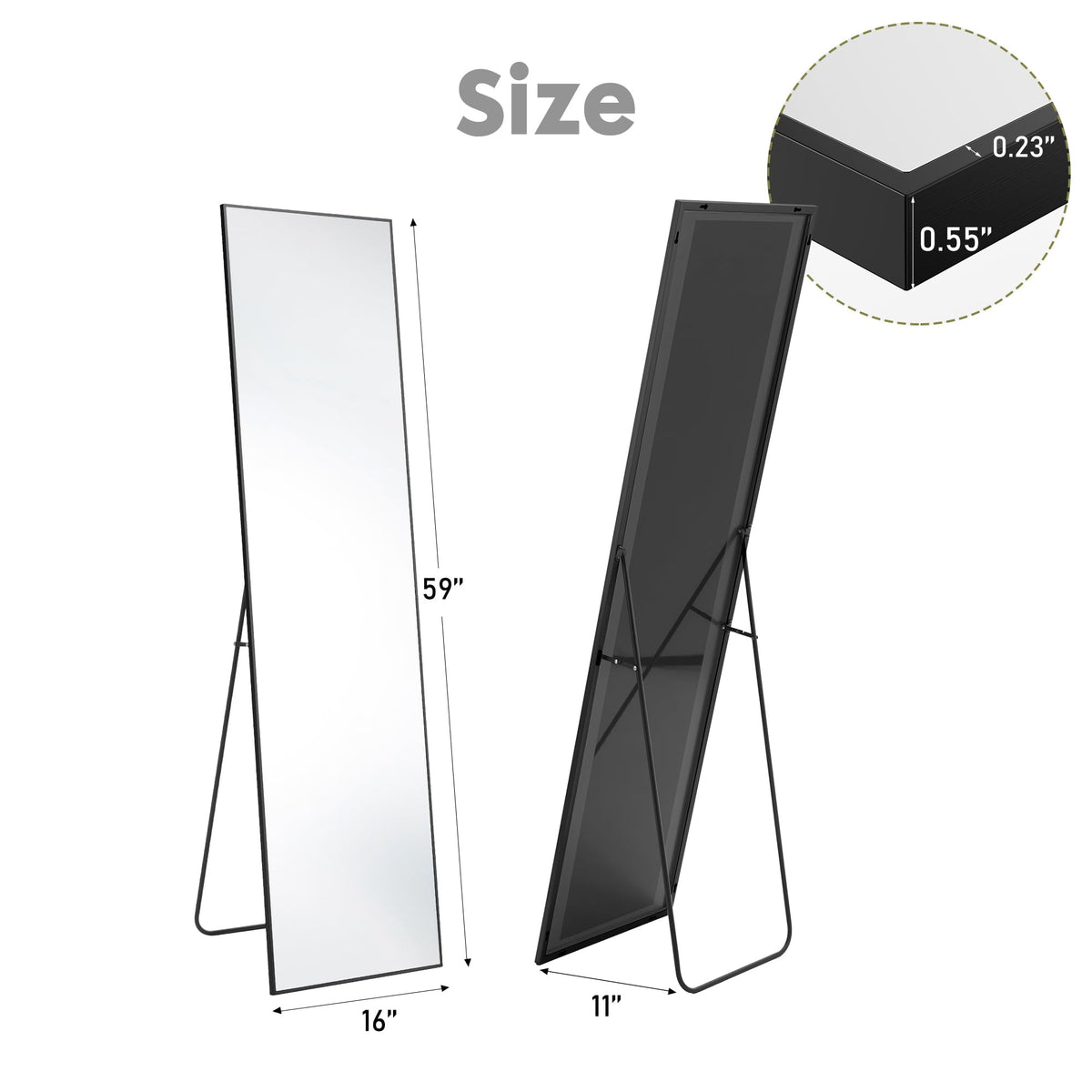 16"x59" Full Length Mirror with Stand (Black-rect Edge / 59"L x 16"W)