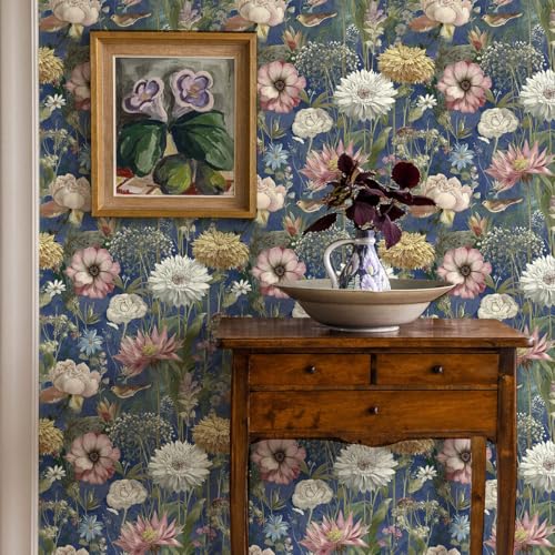 Vintage Floral Wallpaper Peel and Stick Dark Blue Floral Peel and Stick Wallpaper Boho Flower Leaf Contact Paper Bird Self