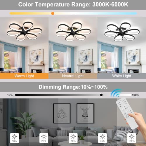 Modern Led Ceiling Light 25inch Dimmable Flush Mount Ceiling Light with Remote Control 6 Rings Close to Ceiling Lamp Fixtures for Kitchen Dining Room Bedroom Living Room