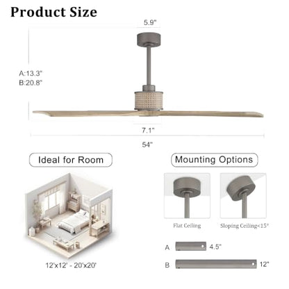 54" Ceiling Fan without Light 4 Wood Blades