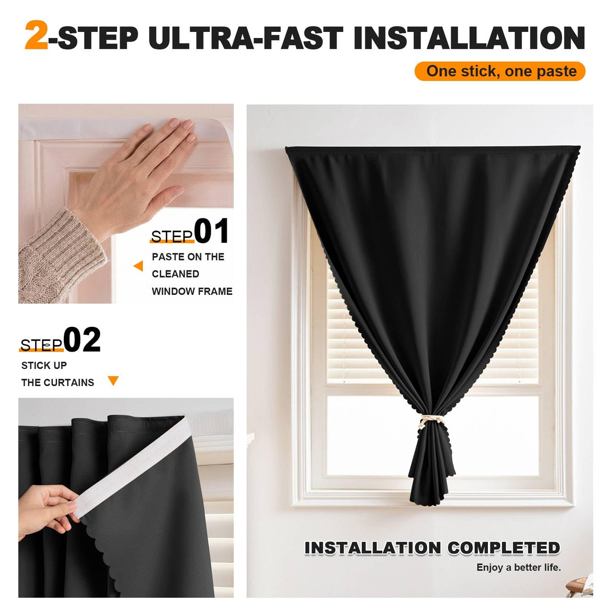 Adhesive Curtain Blackout Curtains for Privacy (Black / 59"W x 59"H)
