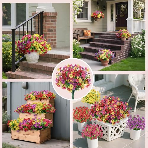12 Bundles Artificial Flowers for Outdoors Fake Flowers Plants Spring Summer Decoration UV Resistant for Outside Home Porch Patio Garden Decor