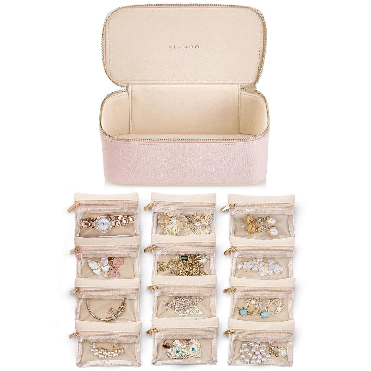 Jewelry Travel Case with 12 Clear Velvet Zipper Pouches (G.12 PCS Pink)