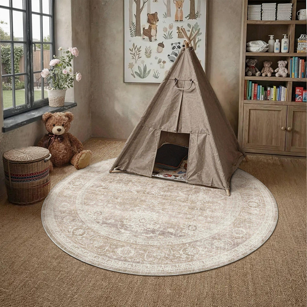 Beige Washable 3x3 Round Area Rugs for Living Room Bedroom (Retro | Beige / 3' (Round))