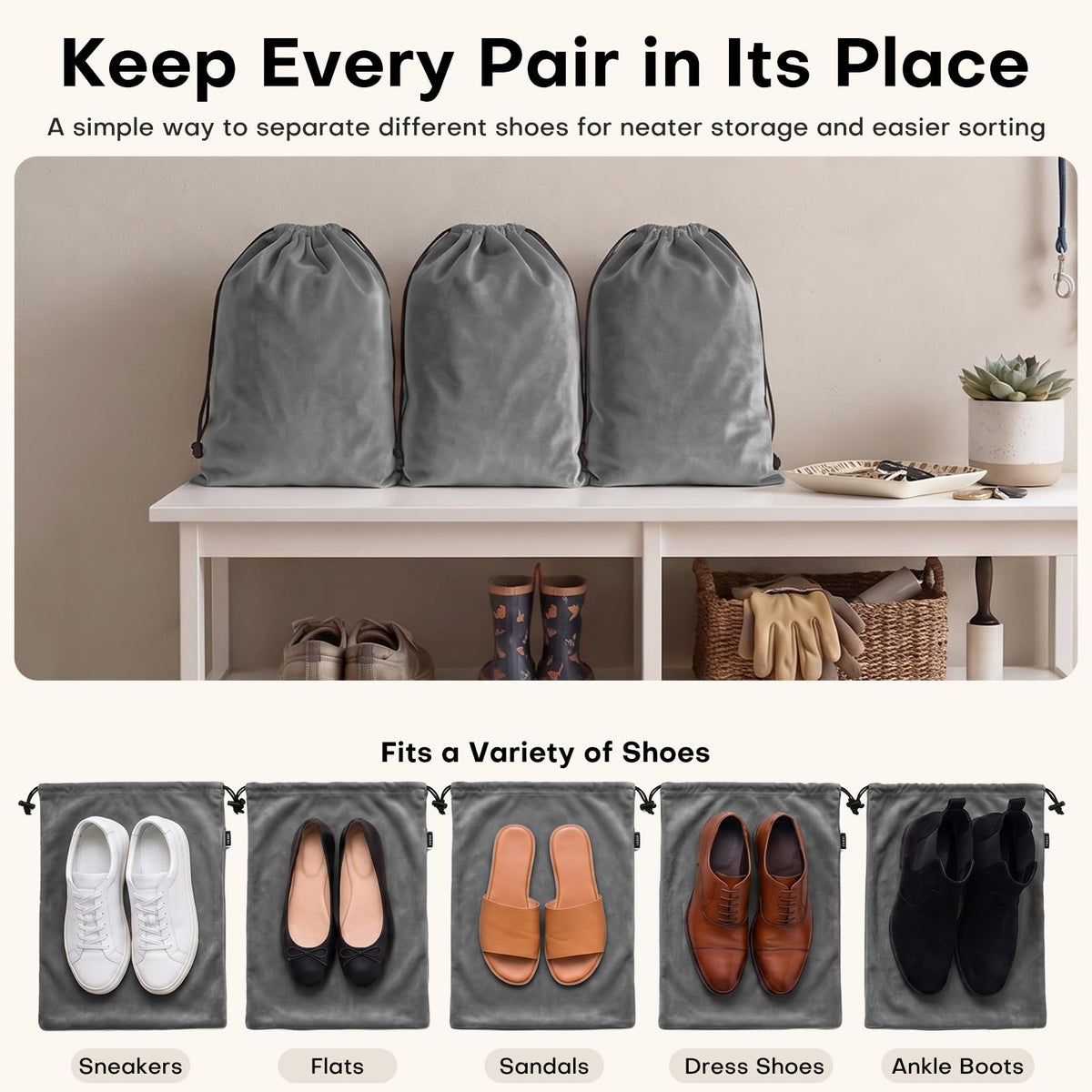 4 Pack Velvet Cloth Shoe Bags for Travel & Packing for Women & Men (Charcoal Gray)
