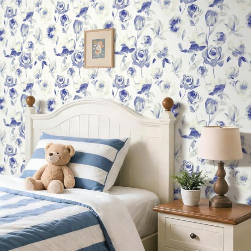 Floral Wallpaper Peel and Stick Vintage Contact Paper Indigo Floral Self Adhesive Removable Wallpaper Waterproof for Bathroom Kitchen Decorative Vintage Contact Paper Vinyl
