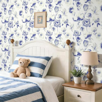 Floral Wallpaper Peel and Stick Vintage Contact Paper Indigo Floral Self Adhesive Removable Wallpaper Waterproof for Bathroom Kitchen Decorative Vintage Contact Paper Vinyl